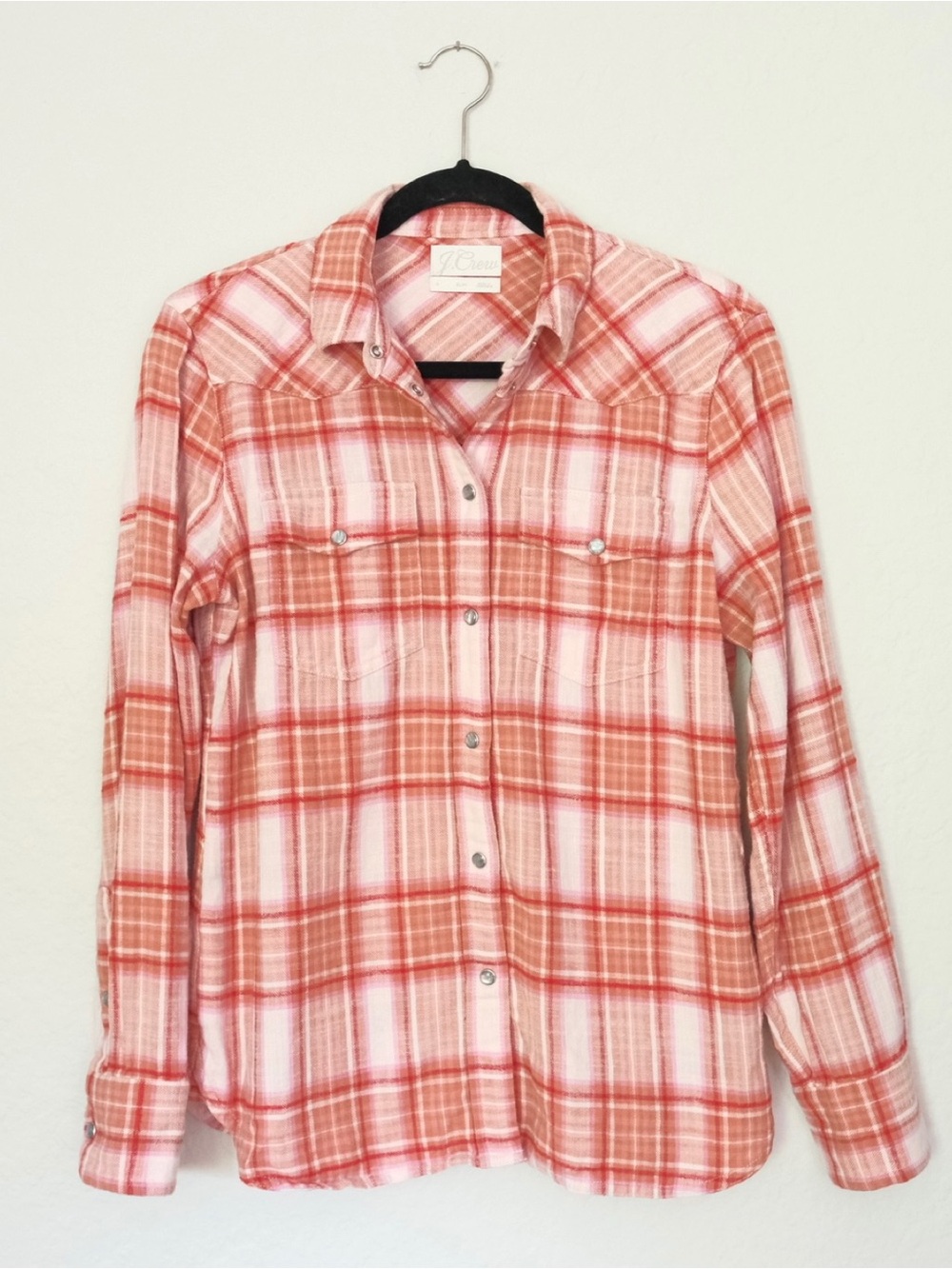 J. Crew Western Plaid Flannel Women’s Size S Red Pink Pearlescent Snaps Cowgirl